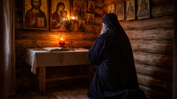 Un monah ortodox se roaga in chilia sa din lemn care are icoane pe pereti.