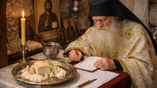 Un batran preot calugar citeste pomelnicile la Proscomidie.