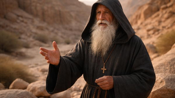 Un pustnic ortodox aflat in desert in timp ce explica ceva.