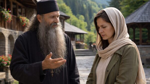 Un preot care sta de vorba cu o femeie in curtea manastirii.