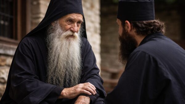 Doi calugari stau de vorba in curtea mamastirii.