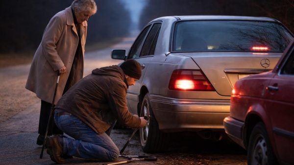 Un barbat repara roata unei masini ce apartine unei femei batrane careia i s-a stricat masina pe drum.