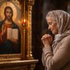 O femeie batrana se roaga in biserica in fata icoanei Mantuitorului.