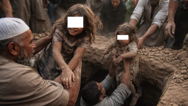 Doua fetite care sunt scoase dintr-o groapa de mai multi barbati.