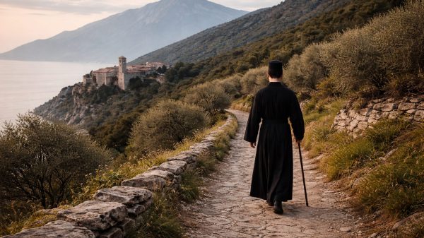 Călugăr pe potecă montană.