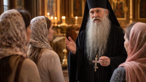 Un preot cu barba foarte lunga explica ceva unor femei intr-o biserica ortodoxa.