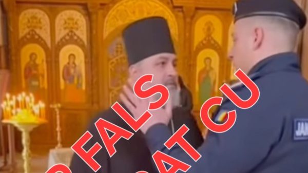 Un preot si un jandarm intr-un conflict in biserica, imagine capturata dintr-un video fals creat cu inteligenta artificiala.